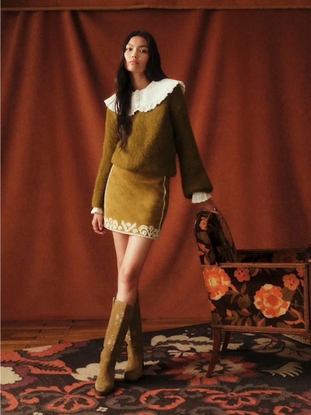 NWT Sézane x Baziszt Suede Malia Skirt in Bronze with Ecru Embroidery Size 4/36